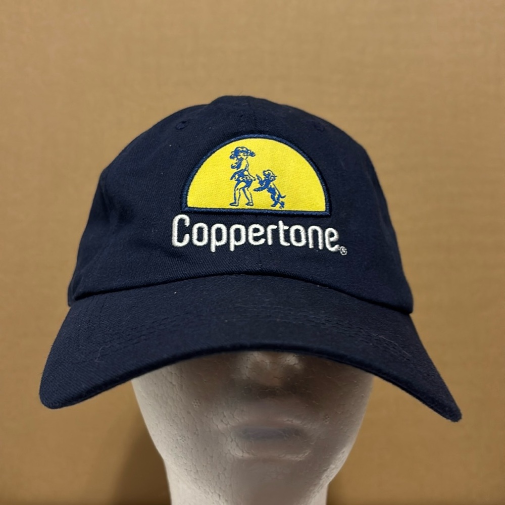 Blue and Yellow Coppertone Logo Baseball Hat, embroidered buckle adj vintage os